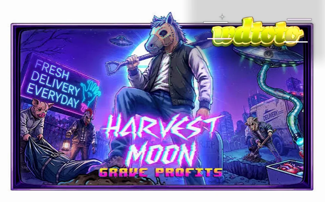 Tampilan visual slot Harvest Moon Grave Profits dengan tema horor fiksi ilmiah.